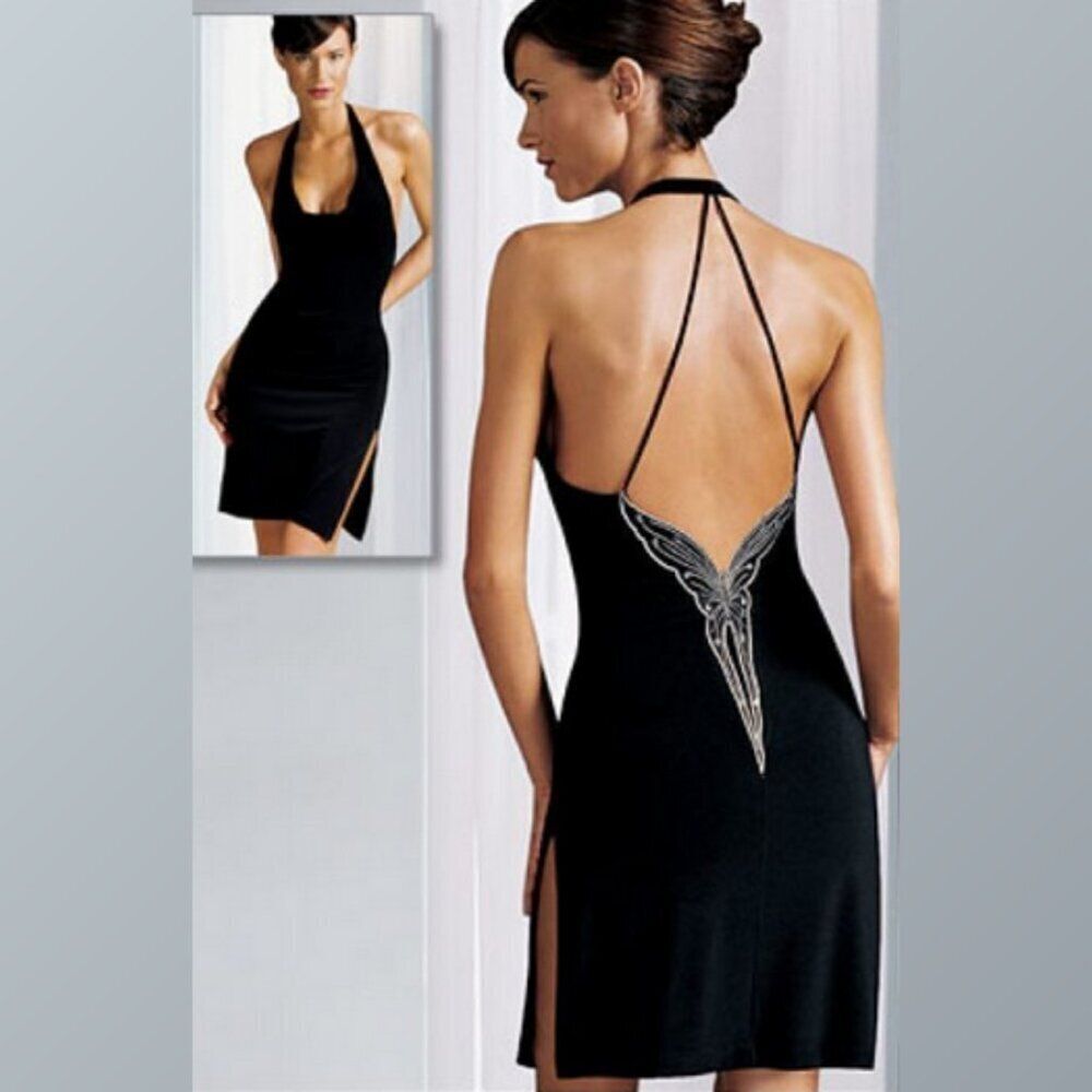 Vtg FREDERICK'S OF HOLLYWOOD Y2K Butterfly Slip Dress 1980s Cowl Neck Black Sz L